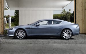 Превью обои aston martin, rapide, 2009, синий, вид сбоку, стиль, астон мартин, асфальт