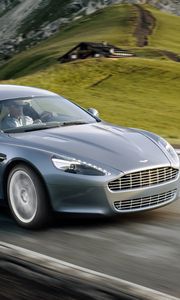 Превью обои aston martin, rapide, 2009, серый, вид сбоку, астон мартин, скорость, скалы