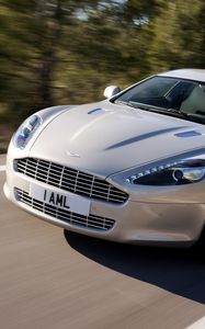 Превью обои aston martin, rapide, 2009, серебряный, вид спереди, астон мартин, асфальт