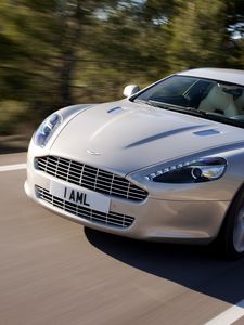 Превью обои aston martin, rapide, 2009, серебряный, вид спереди, астон мартин, асфальт