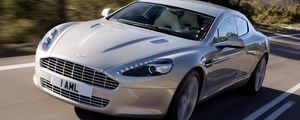 Превью обои aston martin, rapide, 2009, серебряный, вид спереди, астон мартин, асфальт