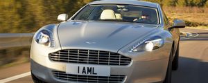 Превью обои aston martin, rapide, 2009, серебряный, вид спереди, авто, астон мартин, деревья