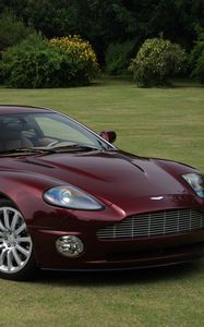 Превью обои aston martin, v12, vanquish, 2001, бордовый, вид сбоку, стиль, астон мартин, трава