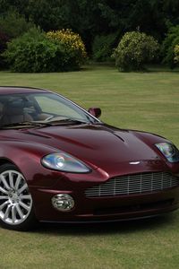 Превью обои aston martin, v12, vanquish, 2001, бордовый, вид сбоку, стиль, астон мартин, трава