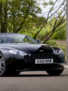 Превью обои aston martin, v8, vantage, 2010, черный, вид спереди, авто, астон мартин, дерево