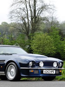 Превью обои aston martin, v8, vantage, 1977, синий, вид сбоку, ретро, астон мартин, авто