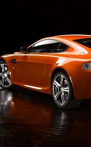 Превью обои aston martin, v8, vantage, 2008, оранжевый, вид сбоку, авто, отражение