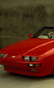 Превью обои aston martin, v8, volante, 1988, красный, вид спереди, стиль, астон мартин, кабриолет