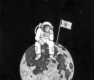 Превью обои астронавт, космос, арт, планета, рисунок, чб