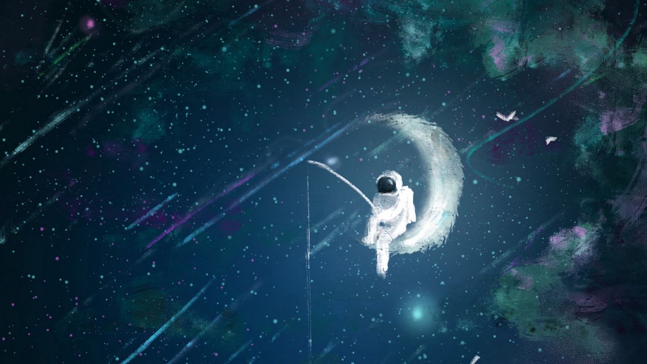 Обои астронавт, луна, космонавт, рыбалка, арт