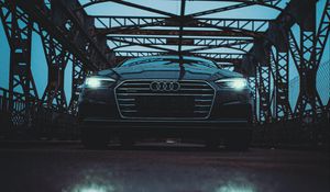 Превью обои audi, автомобиль, черный, мост, дорога, отражение