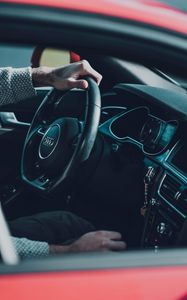 Превью обои audi, автомобиль, руль, руки
