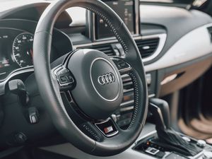 Превью обои audi, автомобиль, руль, салон, черный