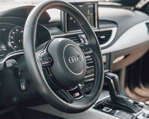 Превью обои audi, автомобиль, руль, салон, черный