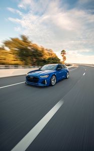 Превью обои audi, автомобиль, синий, дорога, скорость