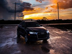 Превью обои audi, автомобиль, закат, пасмурно