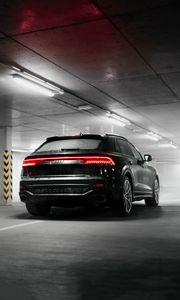 Превью обои audi q8, audi, автомобиль, внедорожник, черный, вид сзади