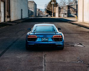 Превью обои audi r8, audi, автомобиль, синий, вид сзади