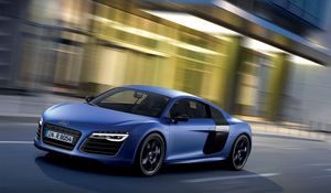 Превью обои audi, r8, v10, синий, вид сбоку