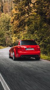 Превью обои audi rs4 audi, автомобиль, вид сзади, движение, дорога