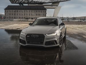 Превью обои audi rs6, audi, автомобиль, серый, вид спереди