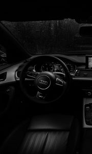 Превью обои audi, руль, салон автомобиля, дождь, чб