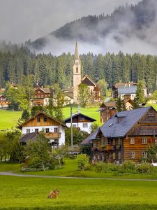 Превью обои австрия, austria, gosau, гозау, деревня, дома, коровы