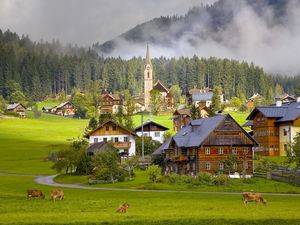 Превью обои австрия, austria, gosau, гозау, деревня, дома, коровы