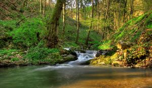 Превью обои австрия кляйн-пёхларн, водопад, тени, растительность, просветы