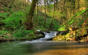 Превью обои австрия кляйн-пёхларн, водопад, тени, растительность, просветы