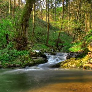 Превью обои австрия кляйн-пёхларн, водопад, тени, растительность, просветы