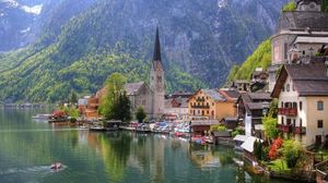 Превью обои австрия, озеро, дома, церковь, город, austria