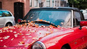Превью обои авто, красный, вид сбоку, осень, листва