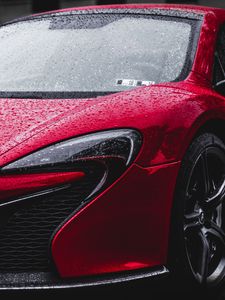 Превью обои авто, красный, вид спереди, фары, капли