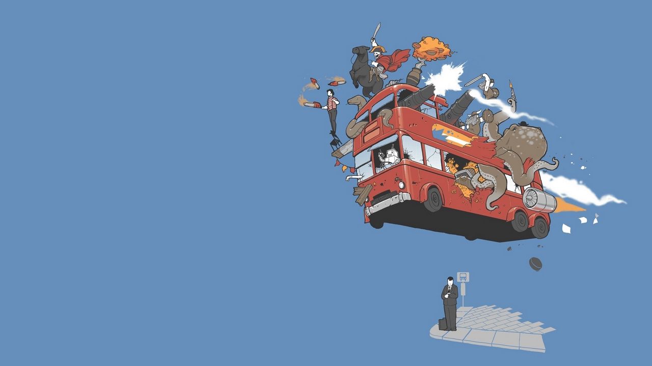 Обои автобус, полет, небо, животные, комикс