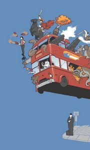Превью обои автобус, полет, небо, животные, комикс