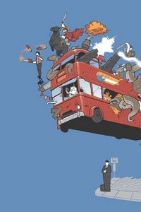 Превью обои автобус, полет, небо, животные, комикс