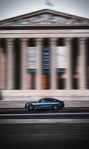 Превью обои автомобиль, дорога, скорость, движение, размытость
