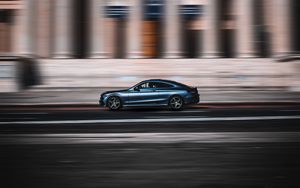 Превью обои автомобиль, дорога, скорость, движение, размытость