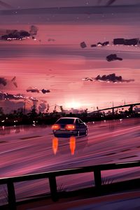 Превью обои автомобиль, дорога, закат, отражение, арт, фиолетовый