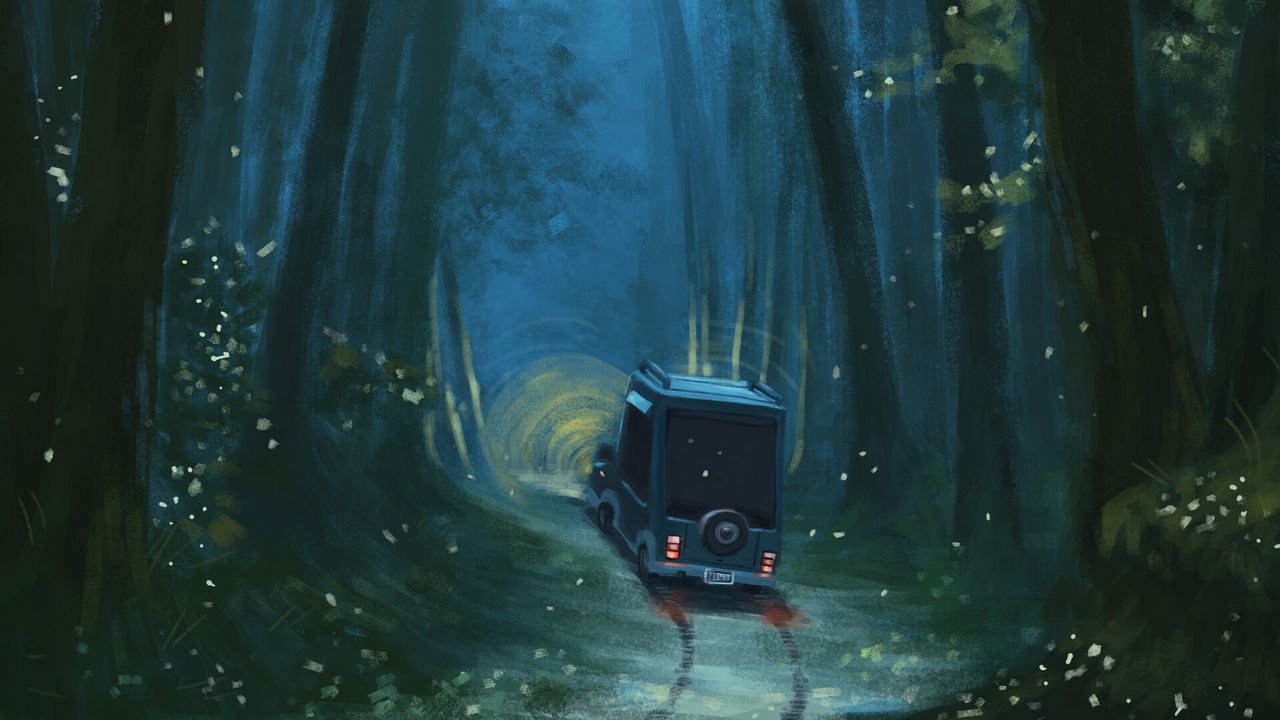 Обои автомобиль, дорожка, лес, деревья, арт