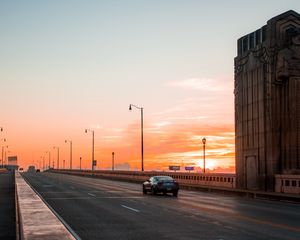 Превью обои автомобиль, движение, мост, закат, кливленд, огайо, сша