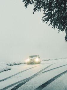 Превью обои автомобиль, фары, снег, туман, ветки, зима