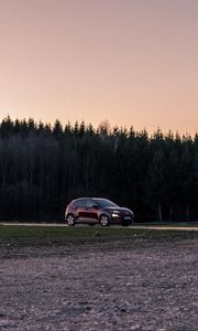 Превью обои автомобиль, красный, деревья, лес