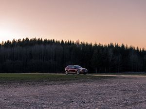 Превью обои автомобиль, красный, деревья, лес