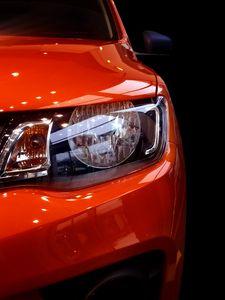Превью обои автомобиль, красный, фара, вид спереди