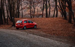 Превью обои автомобиль, красный, природа, осень