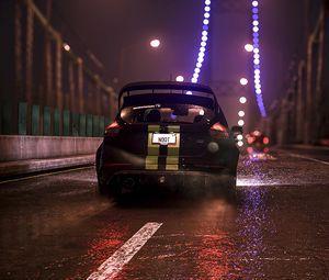Превью обои автомобиль, мост, ночь, арт, дождь