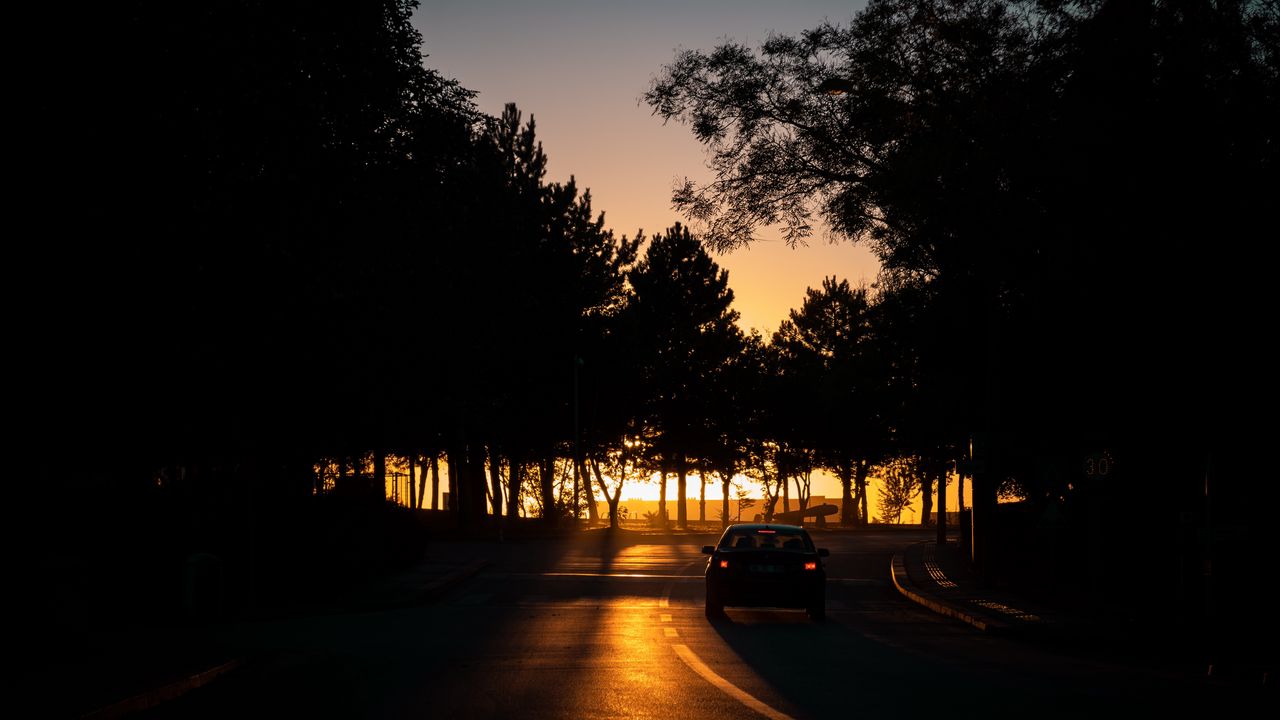 Обои автомобиль, ночь, дорога, деревья, тени