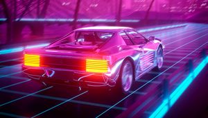 Превью обои автомобиль, пальмы, солнце, неон, арт, retrowave